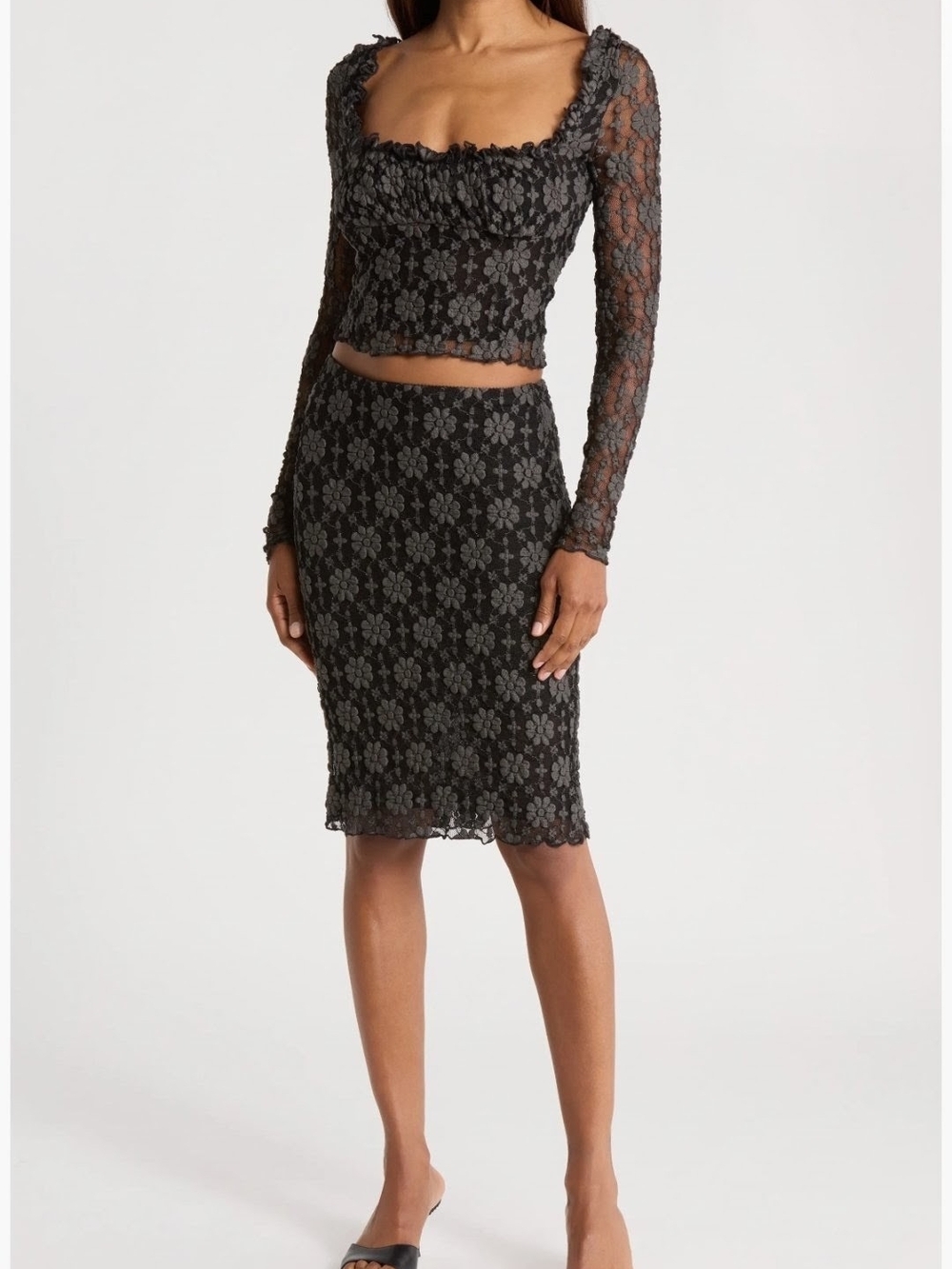 NWT Free People Lucinda Floral Lace 2-Piece Midi Skirt & Crop Long Sleeve Set S